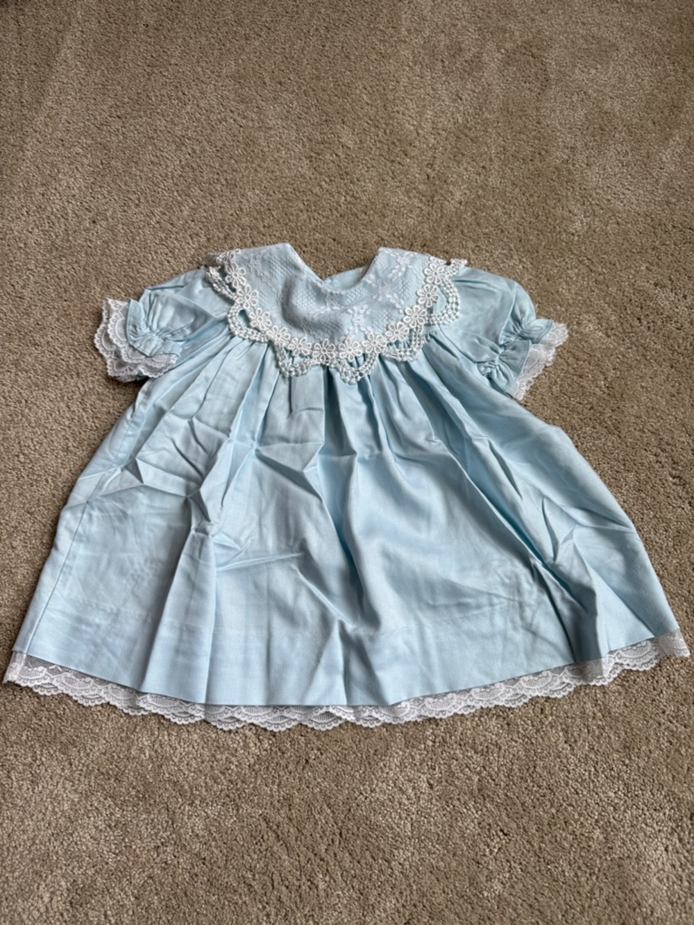 Vintage Classic Light Blue Lace-Trim Smocked Kids Dress